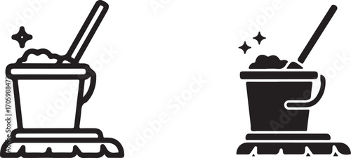 Cleaning bucket with mop and wet floor warning sign illustration