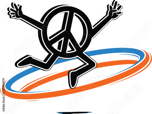 Jumping peace symbol character with arms, legs and gesturing hands above blue and orange circles