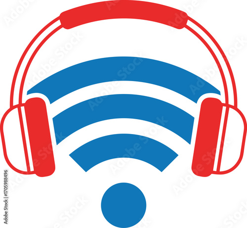 Vector illustration of red headphones on blue wifi signal