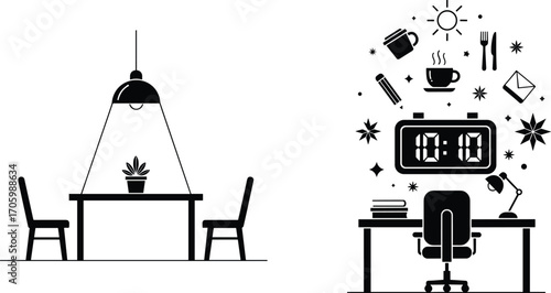 Silhouette vector of pianist playing grand piano with sheet music in black and white design symbolizing music, art, and performance