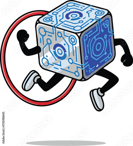 Cube cartoon character runs with a hoop