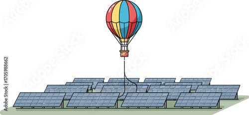 Cartoon solar panels on grass with hot air balloon overhead