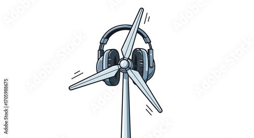 Cartoon wind turbine wearing headphones illustration