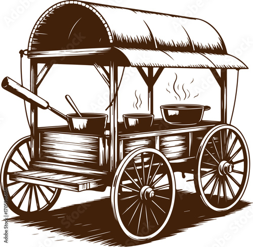 Wooden Food Cart with Pots and Steam Illustration