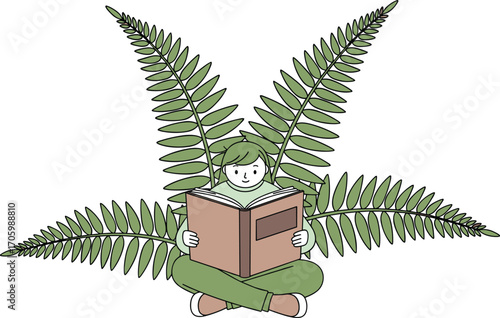 Girl reading book surrounded by fern leaves vector illustration