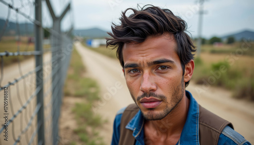 Fototapeta Naklejka Na Ścianę i Meble -  A young man with a small beard stands on the street next to a wire fence, behind him is a dirt road.