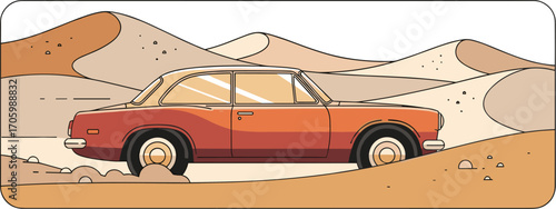 Vintage car driving in desert landscape cartoon illustration