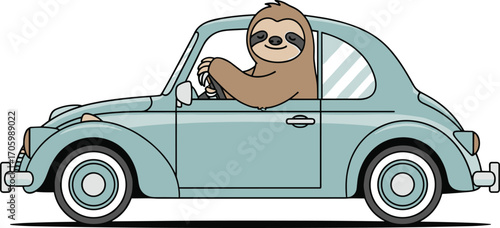 Cartoon sloth driving a light blue car with a smile