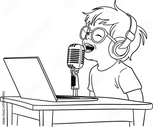 Boy wearing headphones and glasses singing into microphone, using laptop, creating digital content, expressing creativity, enjoying music, podcast or streaming fun