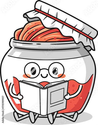 Cartoon kimchi jar reading book with glasses