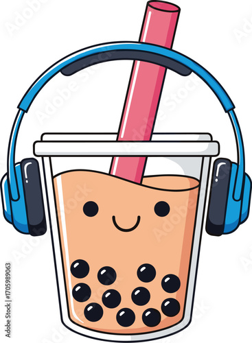 Cartoon boba tea with headphones, cute design