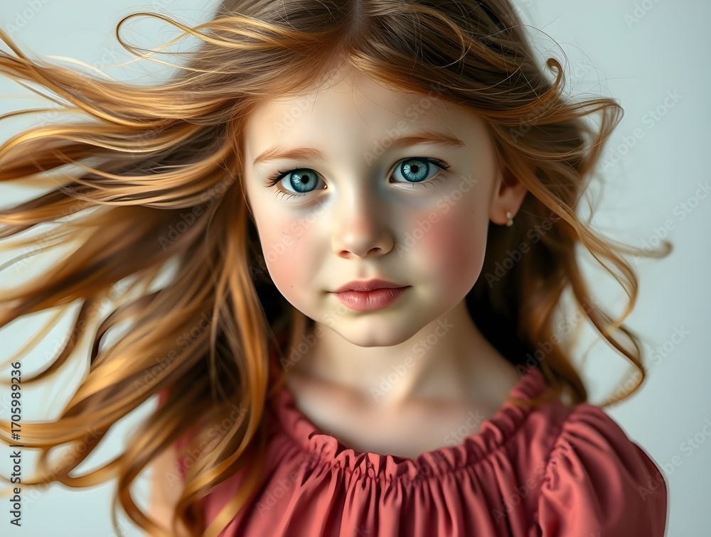 Naklejka premium Professional photography, volumetric lighting. Adorable girl with flowing hair, rosy cheeks, freckles, charming dress. Rich deep teal, visible light beams, white background. Full body shot, luxurious.