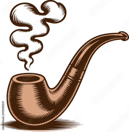 Vintage wooden smoking pipe with swirling smoke illustration on a white background