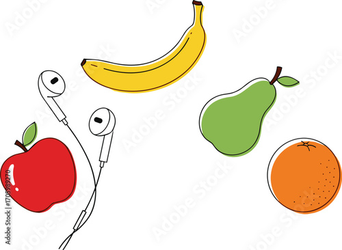 Cartoon illustration of fruits and earphones