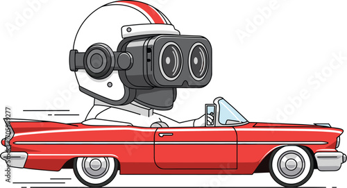 Retro cartoon driver with VR headset in red convertible car illustration