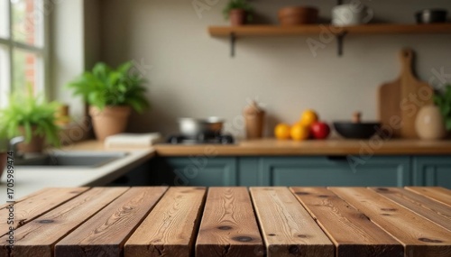 Rustic wooden table top, blurred kitchen backdrop, bokeh, stock photo, blur