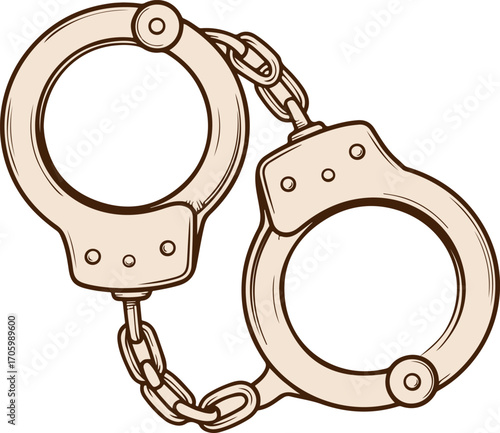 Vintage style cartoon drawing of classic police handcuffs on a white background