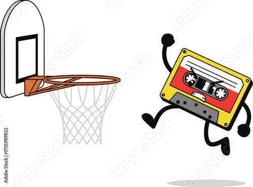 Cartoon cassette tape character jumps toward basketball hoop