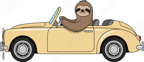Cartoon sloth driving a vintage convertible car