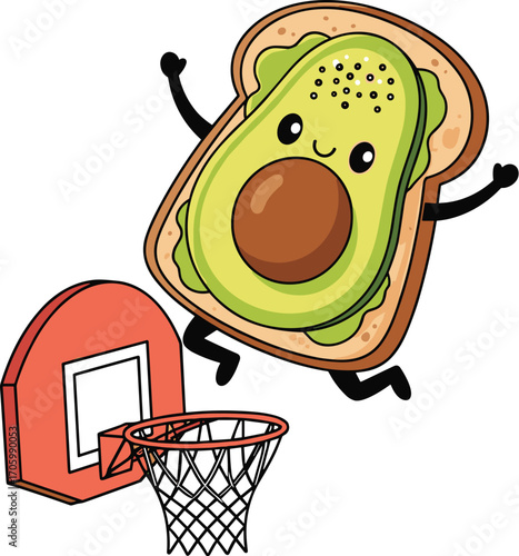 Cartoon avocado toast with arms dunks basketball