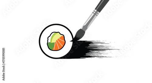 Sushi roll being painted with black brushstroke