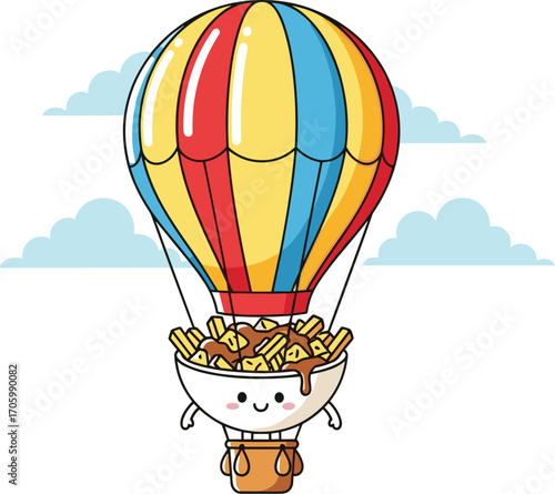 Cartoon poutine bowl flying in hot air balloon with clouds