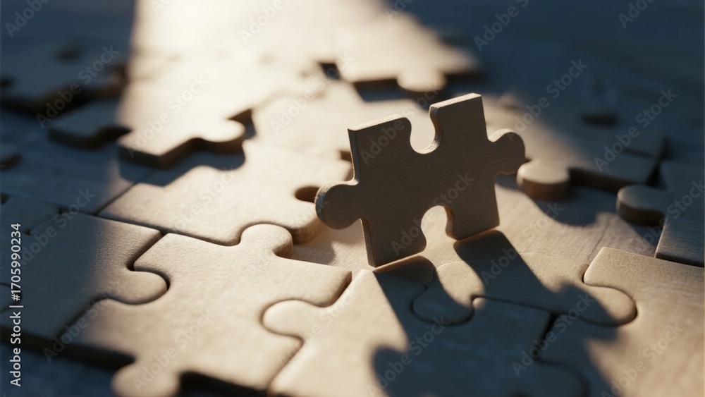 Fototapeta premium A single puzzle piece standing upright among a partially completed puzzle under warm lighting.
