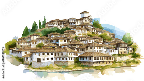 Berat Old Town. Berat Old Town watercolor vector illustration