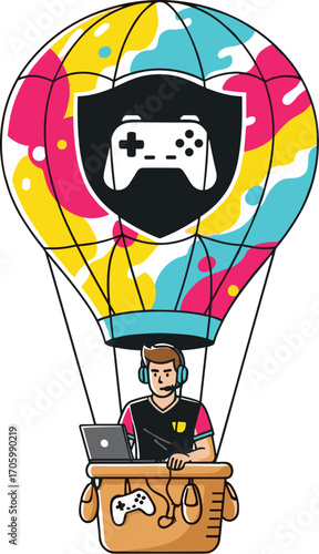Gamer in hot air balloon with laptop and gaming controller