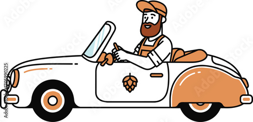 Man with beard driving a vintage convertible car with hop emblem