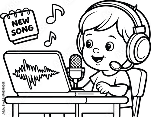Happy child listening to new song, recording with microphone, wearing headphones, enjoying music on laptop, educational and fun activity illustration