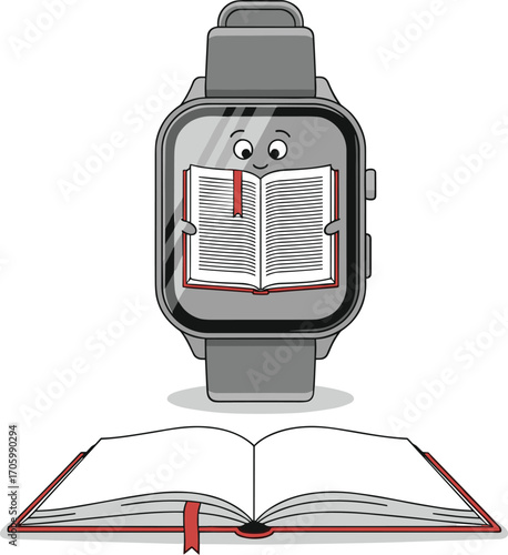 Cartoon smartwatch reading book, open book below