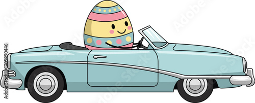 Cartoon egg with face drives a blue vintage convertible car
