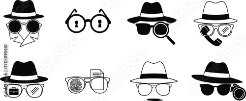 Black and white spy and detective icon set with sunglasses, hats, and investigation or surveillance symbols