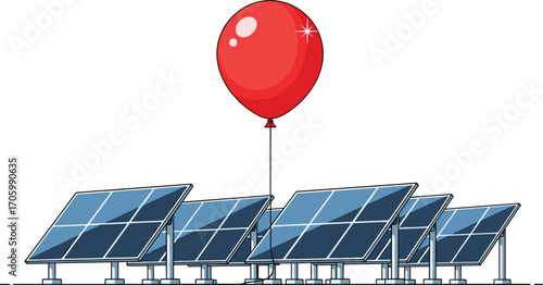 Cartoon solar panel array with red balloon floating above