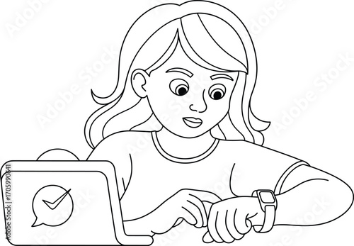 Girl checking smartwatch while working on laptop, modern technology for kids, cartoon style, time management, digital lifestyle, educational illustration