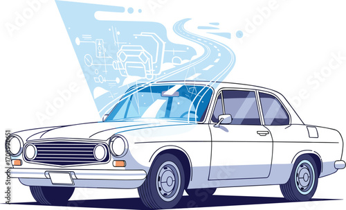 Vector illustration of a classic car with holographic navigation guidance overlay on the windshield