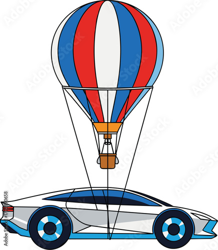 Hot air balloon carrying modern white car cartoon style