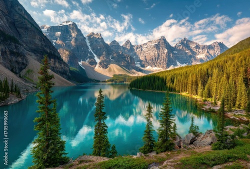Serene alpine lake reflects snow-capped mountains, framed by lush evergreen forests under a blue sky dotted with white clouds