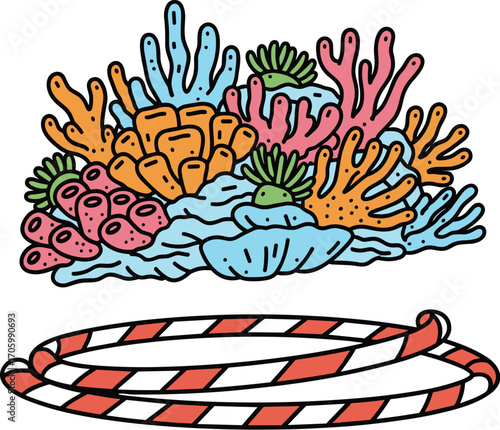 Cartoon coral reef with orange striped rope