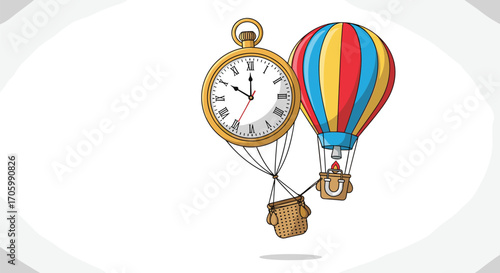 Cartoon gold pocket watch and hot air balloon with woven basket