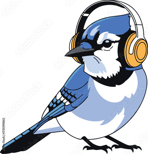 Cartoon blue jay wearing golden headphones