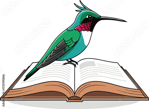 Cartoon hummingbird perches atop opened book
