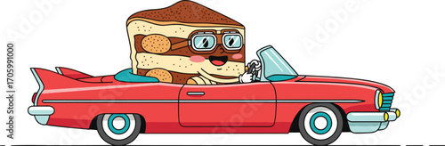 Cartoon dessert drives red convertible, wearing goggles, smiling