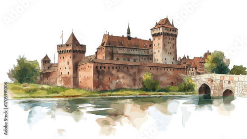 Malbork Castle. Malbork Castle watercolor vector illustration