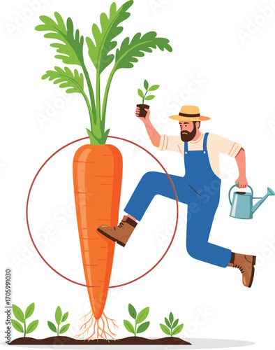 Farmer leaps over giant carrot with sapling and watering can, cartoon