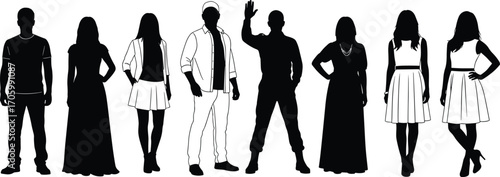 Silhouettes of diverse individuals in casual and formal attire, standing in varied poses for inclusion, identity, and vector illustration design