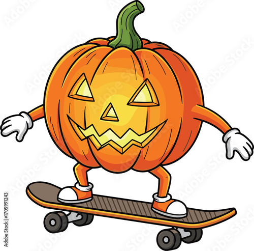 Cartoon pumpkin character skateboarding illustration