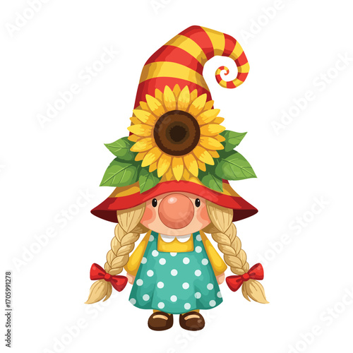 Cute cartoon female gnome with blonde braids and a tall striped hat decorated with a sunflower.