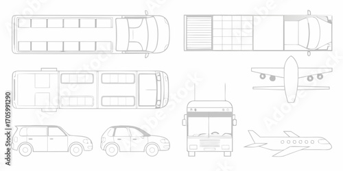 Collection of simplified line drawings of various vehicles including cars buses and airplanes viewed from different angles